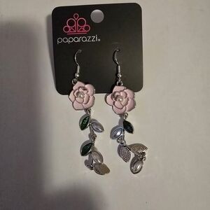 paparazzi Pink Flower & Leaf Dangle Earrings